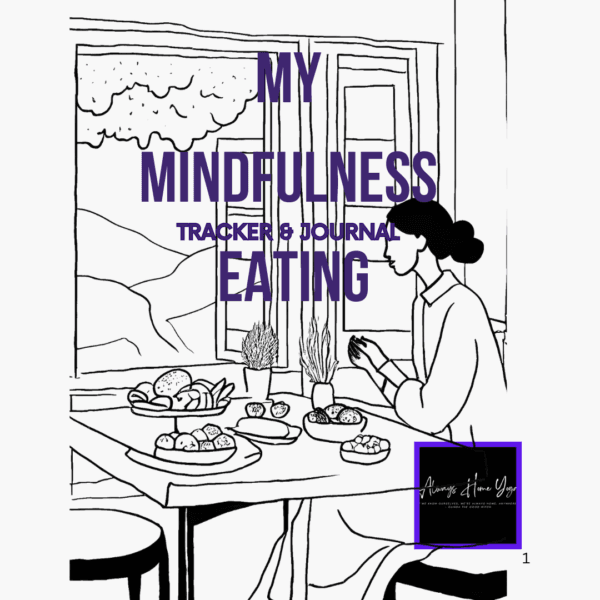 My Mindfulness Eating Journal cover illustration. Woman at a table with food.